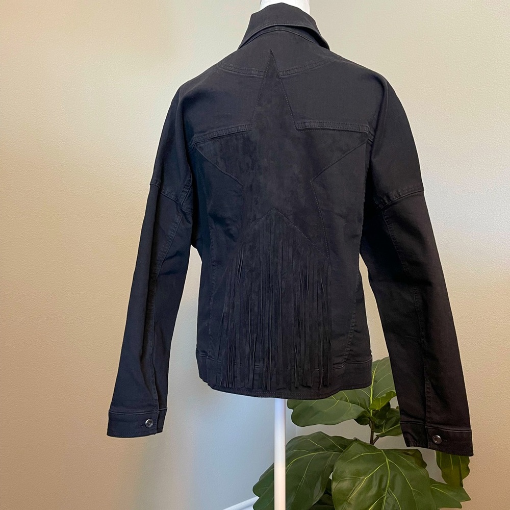 Black Denim Jacket with suede Star & Fringe Detail NWOT